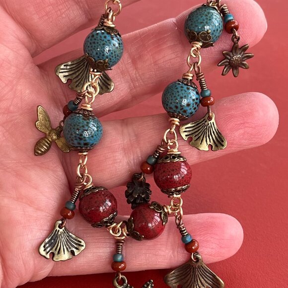 Boho Bracelet, Ceramic Beads, Nature Charms, Handmade Whimsical Jewelry - Picture 10 of 10